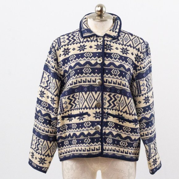 Vintage M Cotton Southwestern Sweater Jacket Blue - Picture 10 of 10